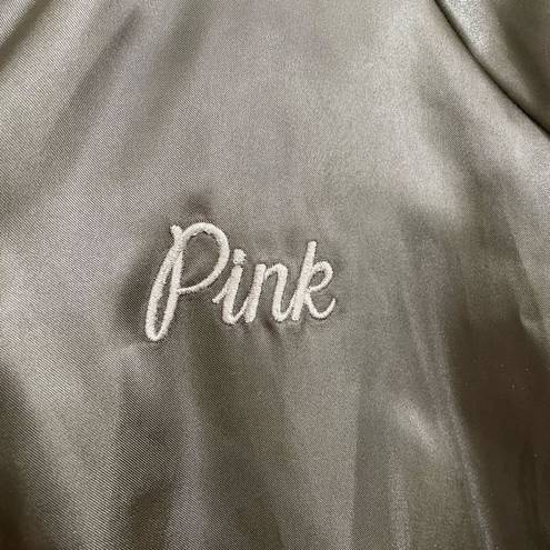 PINK - Victoria's Secret  Black Satin Embroidered Logo Bomber Jacket L/XL