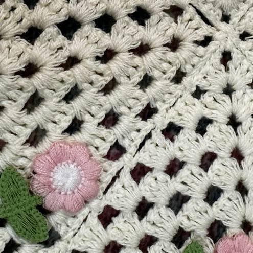 Head Cottage Core Crochet  Scarf with Flowers One Size Cream Pink Picnic Summer