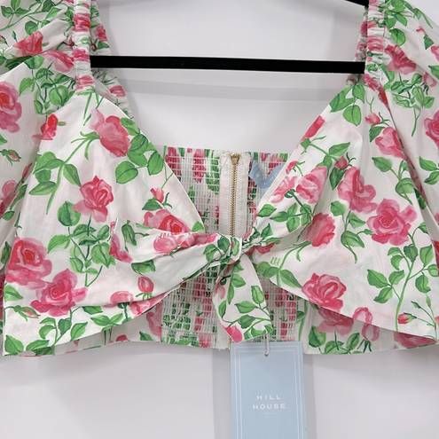 Hill House The Isabella Pink Roses Poplin Puff Sleeve Tie Front Top