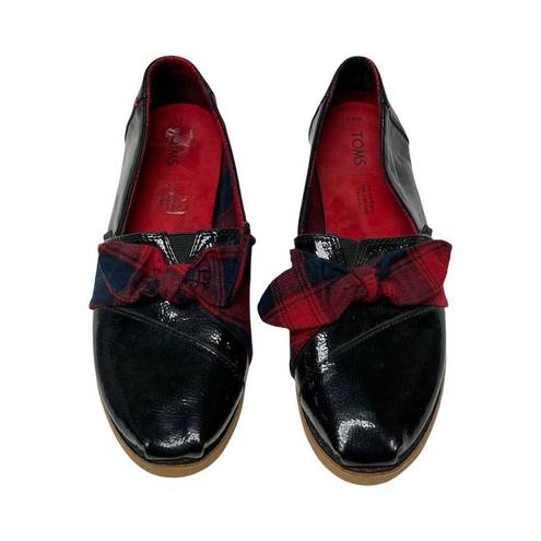 Toms  Black Patent Leather Slip On Dress Shoes Red Buffalo Plaid Bow Size 8.5