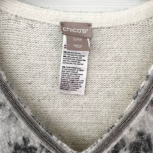 Chico's  Grey White Snake Print Cozy Embellished V Neck Poncho Sweater S/M