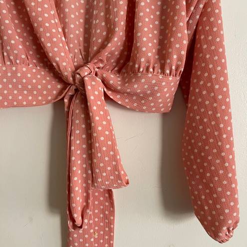 Shopbop Resurrection pink polka dot tie front wrap billowy sleeves plunge blouse