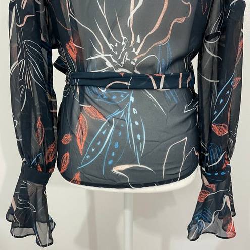 Stylestalker Floral Print Sheer Chiffon Bell Sleeve Wrap Blouse Navy Size Small