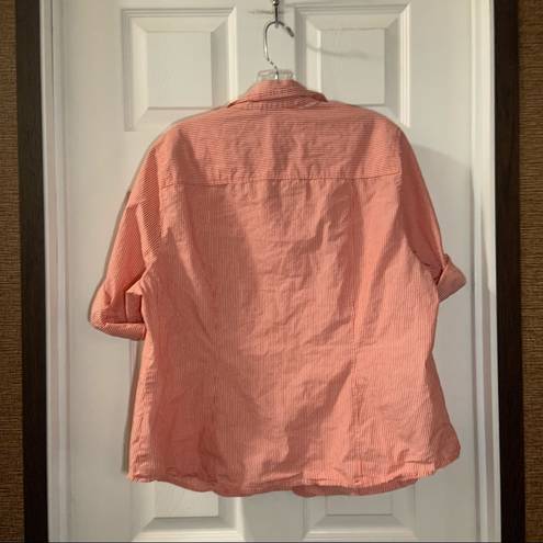 Dalia Collection  Orange Striped Short Roll Tab Sleeve Button Up Top 1X