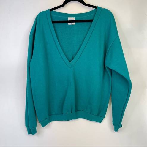 Tultex  Vintage Sweatshirt 90s Deep V Teal Green Large Retro Preppy