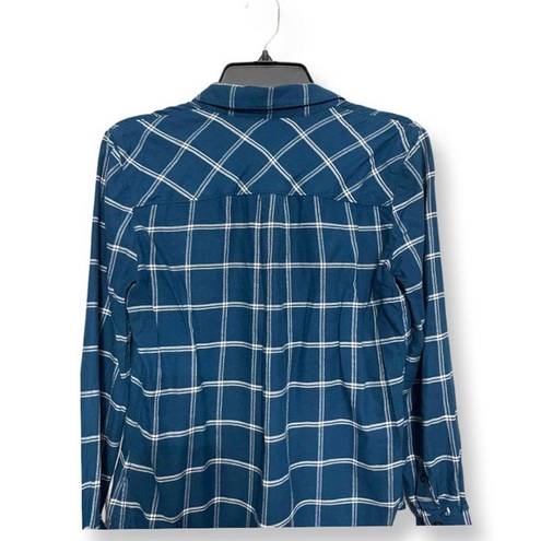 Draper James Womens Button Up Shirt Blue Plaid Long Sleeve Cuff Round Hem 2