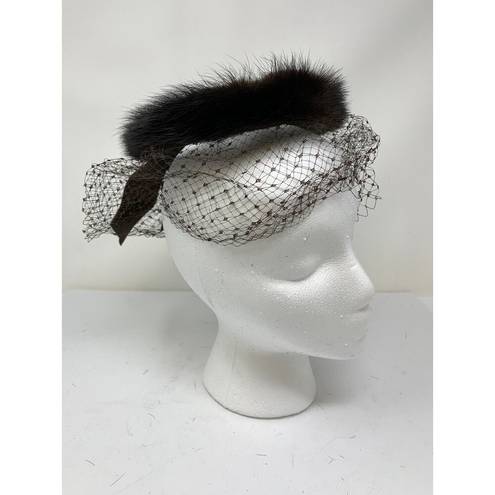 Pacific&Co Vintage G. Fox &  Fascinator Hat Brown Fur and Mesh Netting Bow Back
