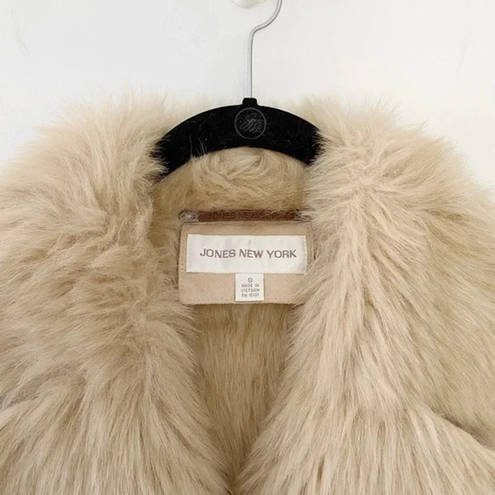 Jones New York Faux Suede Faux Fur Trim Long Coat Cream Size S