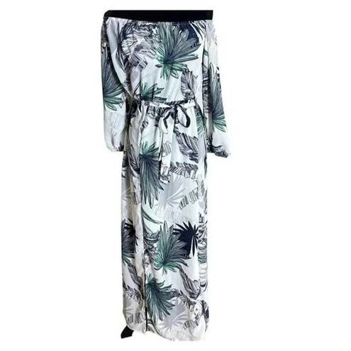 Sans Souci Boho Tropical Palm Print Off Shoulder Maxi Dress 3/4 Sleeve Tie Elastic Waist M