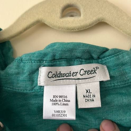 Coldwater Creek  Teal Green Button down linen blouse size XL