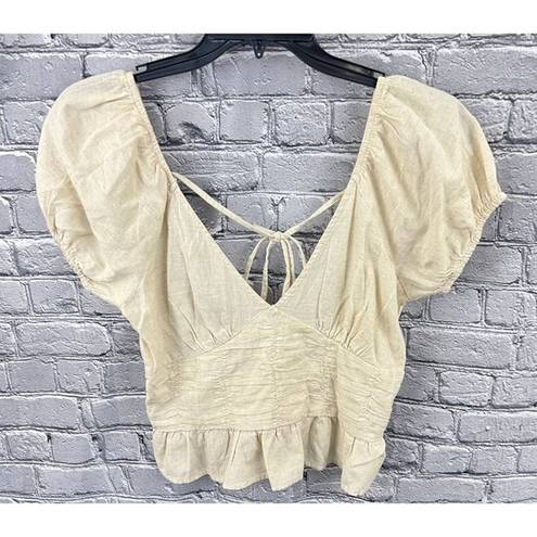 Sim & Sam  Crop Halter Top Beige Linen Blend Puff Sleeve Smocked Size XL