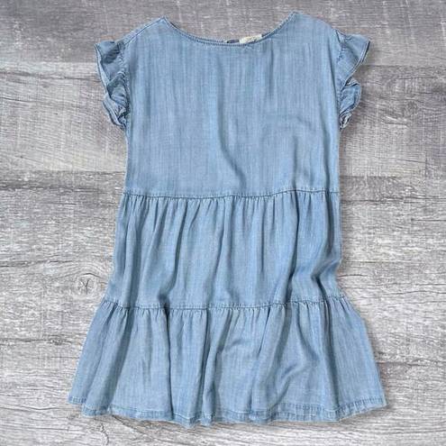 The Loft  Blue Chambray Ruffled Sleeveless Tiered Dress Womens S Relaxed Mini Shift