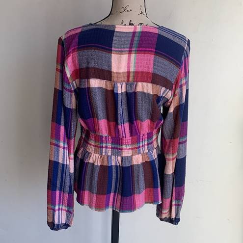 Pilcro  V-neck Plaid Smocked Peasant Top Sz Medium