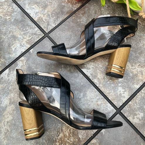 Tommy Hilfiger  Sadah Black Gold Leather Strappy Block Heel Sandal 9.5