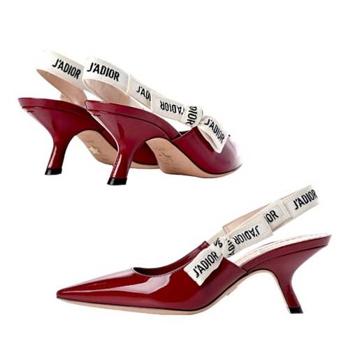 Dior  J'Adior Red Patent Leather Pointed Toe Logo Bow Slingback Pumps Size 36.5