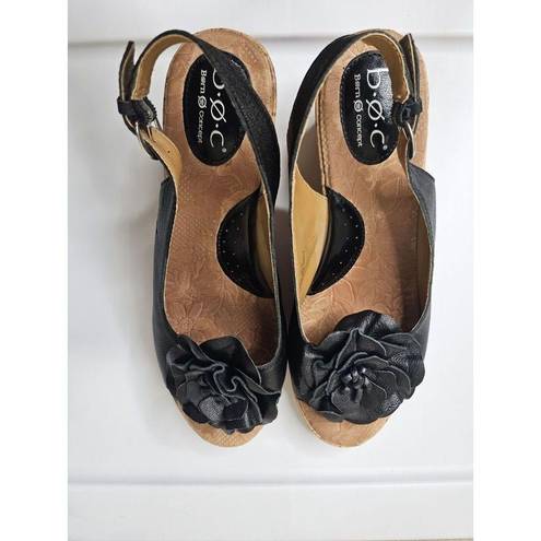 Blossom Born  Black Leather Slingback Open Toe Cork Wedge Shoes Women's Size 9M