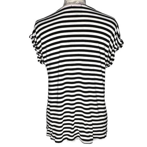 W5  SMALL Black & White Striped Floral Detail Short Rolled Sleeve Tee Top