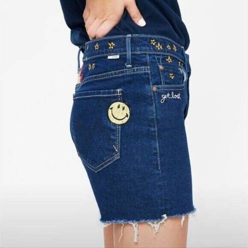 MOTHER Denim  The Vagabond Mini Fray Embroidered Short Blue Jean Skirt 25