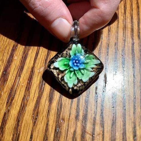 None Hand Blown Diamond Shaped Green Blue Flowering Plant Glass Floral Pendant