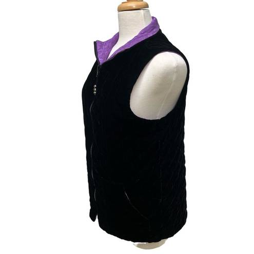 Coldwater Creek  Vest Small Quilted Velvet Silk Reversible Zip up Black Purple