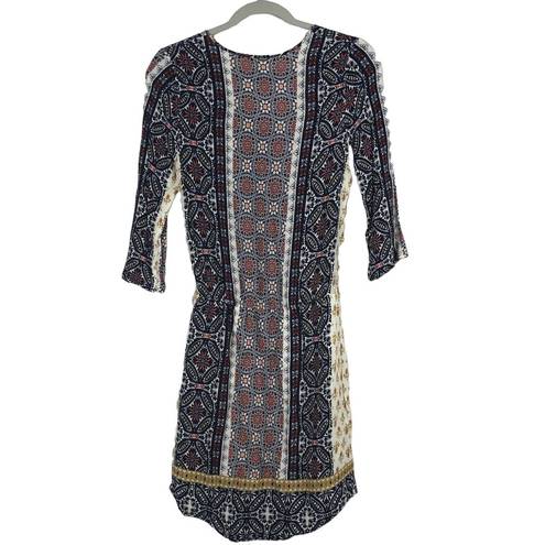 Renee C  Boho Dress Mixed Pattern 3/4 Sleeve Drop Waist Knee Length Size S