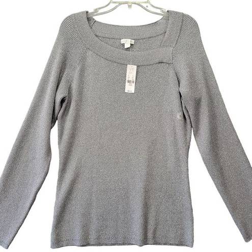 New York & Co. NY&C Women Sweater Size L Gray Glittery Silver Preppy Long Sleeve Metallic Knit