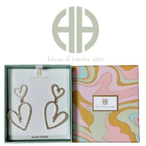 House of Harlow NIB  1960 Gold Tone Double Heart Glass Stones Dangle Earrings $99