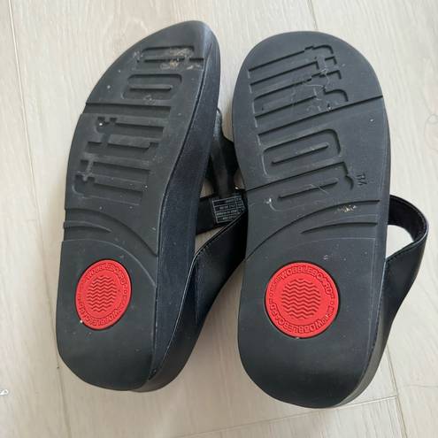 FitFlop  Leia Glitz Leather Wedge Sole Toe Post Sandals Black Womens