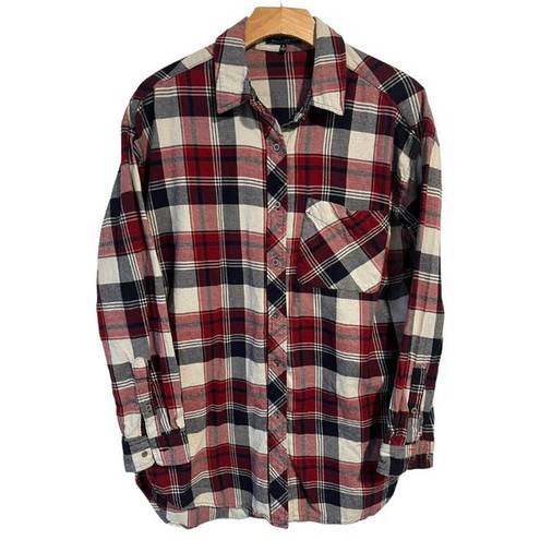 Staccato  Shirt Flannel Womens Medium Red Blue Button Up Plaid Pocketed Winter