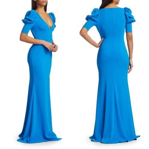 Badgley Mischka  Odessa Split Front Crepe Gown V-Neck Puff Sleeves Blue Size 0