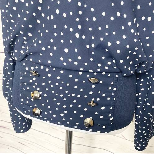 Carmen Marc Valvo  Navy Blue Polka Dot Puff Sleeve Blouse Size Small