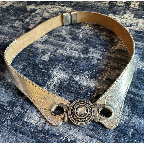 Chico's  Women's Wide Metallic Gold Leather Belt Silver Gold Gem Buckle Western