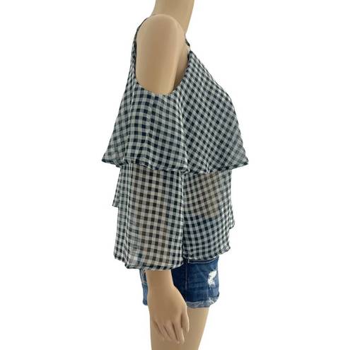 Ten Sixty Sherman  (L) Black White Sheer Gingham Plaid Cold Shoulder Top