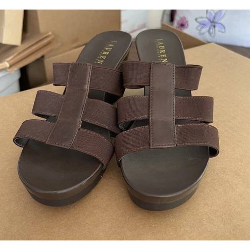 Ralph Lauren Lauren  Sandals Wedge Shoes 9 M Brown  Slip On Peep Toes Platform