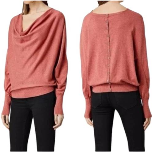 All Saints Elgar Cowl Neck Snap Button Back Rib Trim Sweater in Rustic Orange