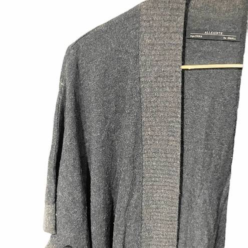 All Saints Size Small Grey Ribbed Short Sleeve Wool Blend Open Front Cardigan