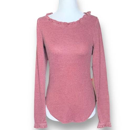 Chaser  Top Ruffle Trim Ribbed Knit Long Sleeve Pink Small NWT