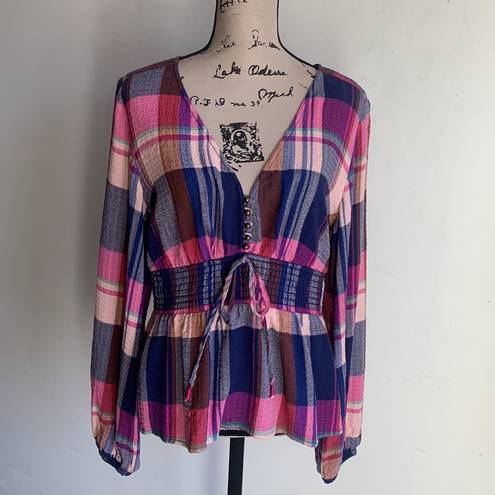 Pilcro  V-neck Plaid Smocked Peasant Top Sz Medium