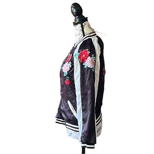 AQUA  CAPSULE Bomber Jacket Black Floral Embroidered full Zip satin Stretch XS