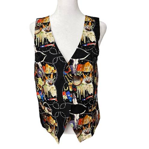 Nicole Miller Vintage  Printed Vest Cowboy Rodeo Western Silk Black Size Large