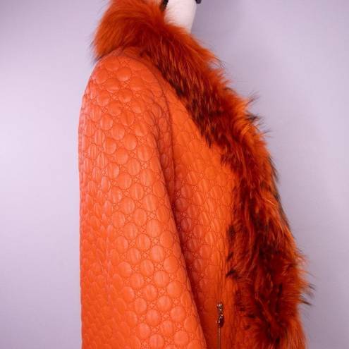 Vintage leather coat with fur trim, color orange Size XS