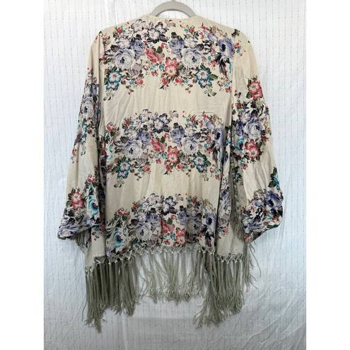 Wishlist  Womens Cardigan Kimono Swimsuit Cover Sz M/L Boho Floral Beige Fringe