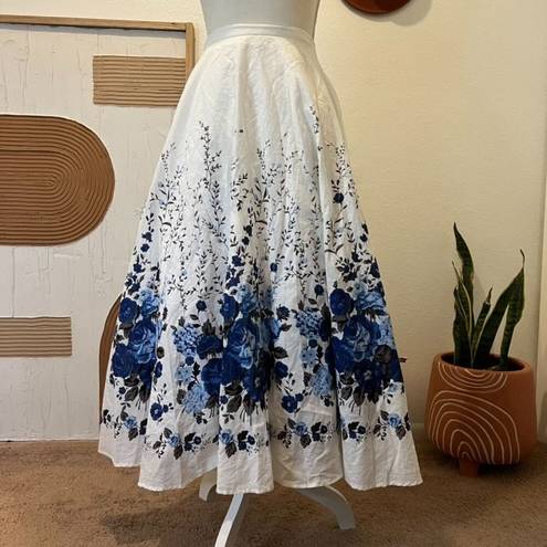 Coldwater Creek  White Cotton Blue Rose Floral Print Summer Midi Skirt 1X