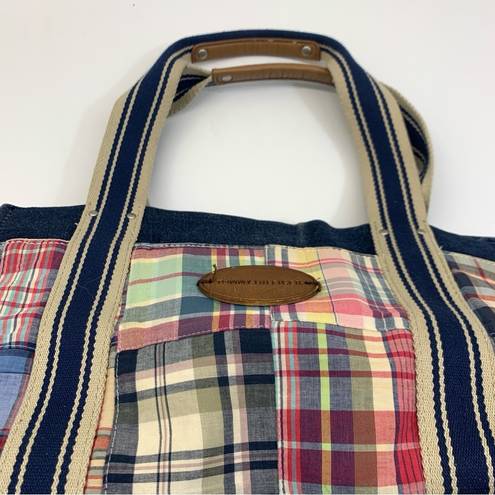 Tommy Hilfiger  Vintage Blue Canvas Denim Plaid Tote Bag