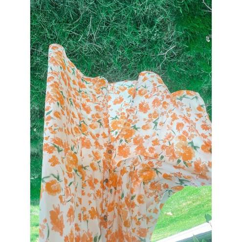 Sienna Sky  Orange Creamsicle Floral Midi Dress Small Button Front Boho Cottage