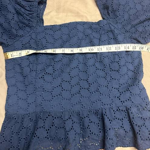 Draper James  Navy Blue Puff Sleeve Square Neckline Peplum Hem Eyelet Top size M