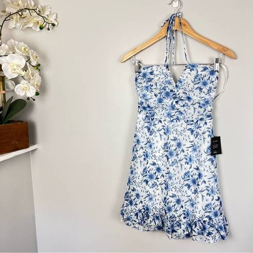 Lulus NEW  Stunning Shine White Blue Floral Print Halter Mini Dress XS NWT