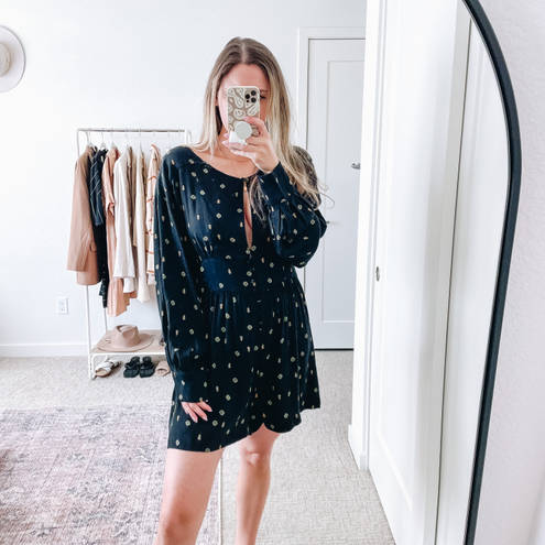 Free People  Black Printed Long Sleeve Romper  