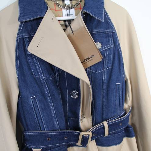 Burberry  Beige Paneled Cotton-Gabardine & Blue Denim Double-Breasted Trench Coat