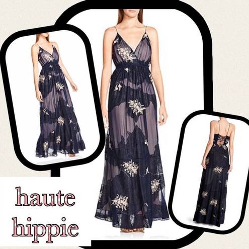 Haute Hippie Silk Embroidered Floral And Lace Maxi Dress Size 4